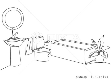 Single continuous line drawing stylish bathroom with full furniture modern. Combined dry and wet toilets. Extra care to keep it hygienic. Simple style bathroom. One line design vector illustration Single continuous line drawing stylish bathroom with full furniture modern. Combined dry and wet toilets. Extra care to keep it hygienic. Simple style bathroom. One line design vector illustration 108946154
