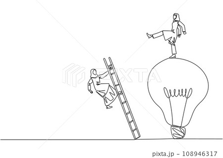 Single continuous line drawing Arab businesswoman kicks opponent who climbs lightbulb with a ladder. Dropping colleague because don't have bright ideas. Traitor. One line design vector illustration 108946317