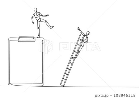 Single continuous line drawing smart robot kicks opponent who is climbing a big clipboard with a ladder. The bully will ruin the daily report. Chase away bullies. One line design vector illustration 108946318