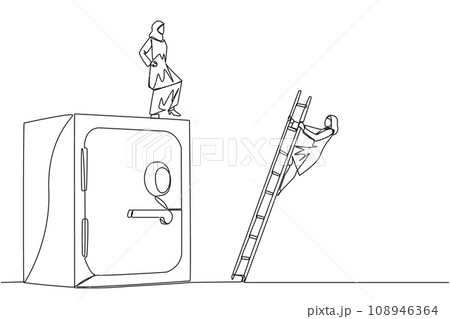 Single one line drawing Arab businesswoman kicks opponent who climbs safe deposit box with ladder. Dropped roughly. Unable to save important files. Rival. Continuous line design graphic illustration 108946364