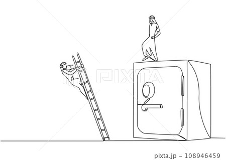 Single one line drawing Arab businessman kicks opponent who is climbs safe deposit box with ladder. Dropped roughly. Unable to save important files. Rival. Continuous line design graphic illustration 108946459