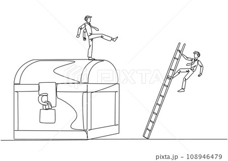 Continuous one line drawing businessman kicks opponent who climbs treasure chest with ladder. Greed for wealth. Betrayal. Unfair business competition. Single line draw design vector illustration 108946479