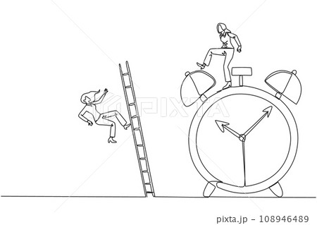 Single continuous line drawing businesswoman kicks opponent who climbs the alarm clock with ladder. Arrogance. No need for colleagues to complete many deadlines. One line design vector illustration 108946489