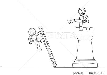 Single one line drawing astronaut kicks opponent who climbing the chess rook with ladder. Wrong move. Wrong strategy. Plan leaked by colleague. Traitor. Continuous line design graphic illustration 108946512