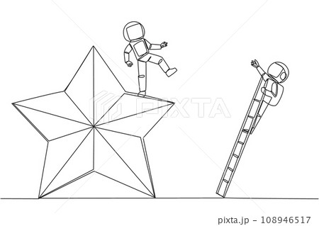 Continuous one line drawing astronaut kicks opponent who is climbing the star with the ladder. Dropping opponents from achieving the same dream. The rival. Single line draw design vector illustration Continuous one line drawing astronaut kicks opponent who is climbing the star with the ladder. Dropping opponents from achieving the same dream. The rival. Single line draw design vector illustration 108946517