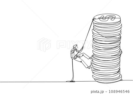 Single one line drawing businesswoman climbs stack of coins with rope. The entrepreneur trying hard climbing the rope to reach top of coins. Better future. Continuous line design graphic illustration 108946546