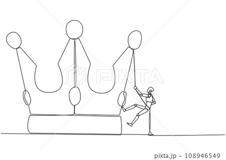 Continuous one line drawing the robot climbing crown with rope. Prepare for a better life by working hard to achieve the highest position. The hard worker. Single line draw design vector illustration Continuous one line drawing the robot climbing crown with rope. Prepare for a better life by working hard to achieve the highest position. The hard worker. Single line draw design vector illustration 108946549
