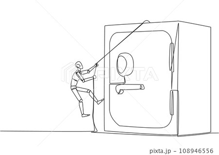 Continuous one line drawing smart robot climbs safe deposit box with the rope. Helps secure important company data. Stored in a safe and trusted place. Single line draw design vector illustration Continuous one line drawing smart robot climbs safe deposit box with the rope. Helps secure important company data. Stored in a safe and trusted place. Single line draw design vector illustration 108946556