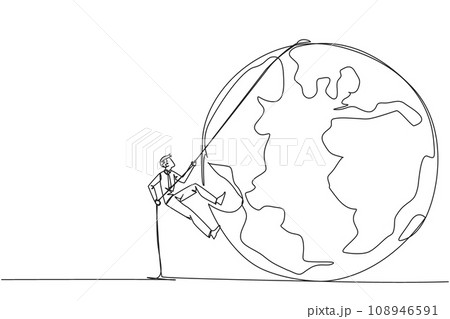 Continuous one line drawing businessman climbing globe with rope. Trying dominate world with massive business expansion. Success reach top of the world. Single line draw design vector illustration 108946591