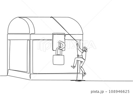 Single one line drawing businesswoman climbs treasure chest with rope. Do the best business to achieve lots of rewards. The result of hard work. Satisfied. Continuous line design graphic illustration 108946625