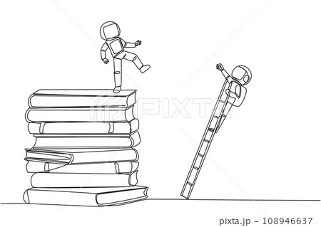 Single continuous line drawing astronaut kicks opponent who climbing a pile of books with a ladder. Failed to gain access to profitable business principles. Rival. One line design vector illustration Single continuous line drawing astronaut kicks opponent who climbing a pile of books with a ladder. Failed to gain access to profitable business principles. Rival. One line design vector illustration 108946637