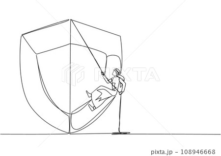 Continuous one line drawing Arab businessman climbs shield with rope. Works to help clients secure data from virus attacks. Check each layer. Entrepreneur. Single line draw design vector illustration 108946668