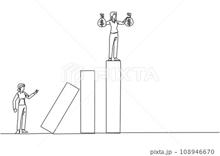 Single continuous line drawing businesswoman standing on the bar lifting the money bag. Fake partner. The envy friend. Sabotage happiness. The traitor on office. One line design vector illustration 108946670