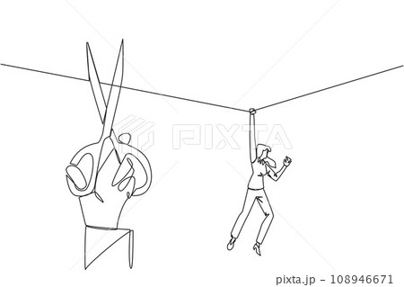 Single one line drawing businesswoman hanging from rope. A big hand that want to cut the rope. Maintaining a nearly useless business. Thwarted by traitors. Continuous line design graphic illustration 108946671