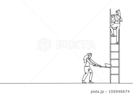 Single continuous line drawing businesswoman climbs ladder to achieve the expected reward. Destroyed silently. Business failed to develop. Destroyed by traitors. One line design vector illustration Single continuous line drawing businesswoman climbs ladder to achieve the expected reward. Destroyed silently. Business failed to develop. Destroyed by traitors. One line design vector illustration 108946674