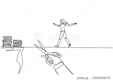 Continuous one line drawing businesswoman walking on tightrope from one cliff to another. Failed to move to much better place. Cheated by business friend. Single line draw design vector illustration 108946676