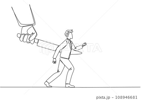 Single continuous line drawing businessman stabbed in the back by a large knife. Cheated to ruin by a business partner. An enemy disguised as a friend. The traitor. One line design vector illustration 108946681