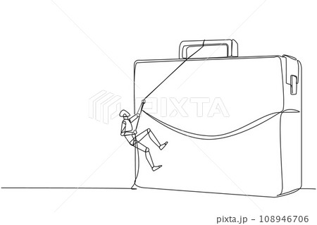 Single continuous line drawing smart robot climbs briefcase with the rope. A metaphor for building a business from scratch. Growing and having many relationships. One line design vector illustration Single continuous line drawing smart robot climbs briefcase with the rope. A metaphor for building a business from scratch. Growing and having many relationships. One line design vector illustration 108946706
