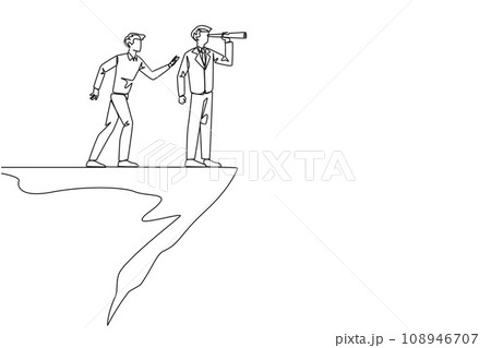 Continuous one line drawing businessman monitoring something at the edge of cliff using binocular. Monitoring business. Taken down by traitor from behind. Single line draw design vector illustration Continuous one line drawing businessman monitoring something at the edge of cliff using binocular. Monitoring business. Taken down by traitor from behind. Single line draw design vector illustration 108946707