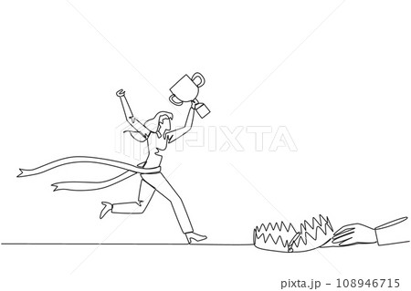Continuous one line drawing businesswoman running with trophy. Dangerous business trap. Trap that really brings down business. Fake friend. Traitor. Rival. Single line draw design vector illustration 108946715