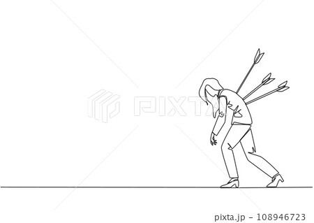 Single one line drawing businesswoman standing and several arrows stuck in the back. Attacked from behind. Destroyed and helpless. Fake partner. Traitor. Continuous line design graphic illustration Single one line drawing businesswoman standing and several arrows stuck in the back. Attacked from behind. Destroyed and helpless. Fake partner. Traitor. Continuous line design graphic illustration 108946723
