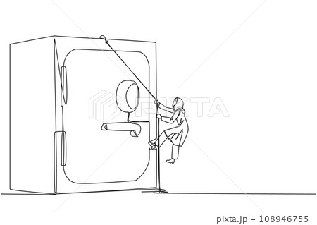 Single continuous line drawing Arabian businesswoman climbs safe deposit box with the rope. Helps secure important company data. Stored in a safe and trusted place. One line design vector illustration 108946755