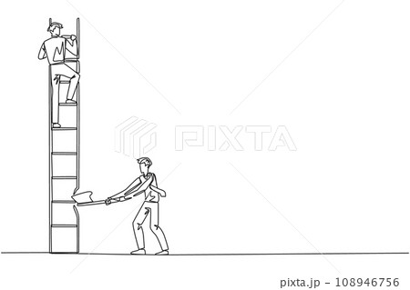 Single one line drawing businessman climbs the ladder to achieve the expected reward. Destroyed silently. Business failed to develop. Destroyed by traitors. Continuous line design graphic illustration 108946756
