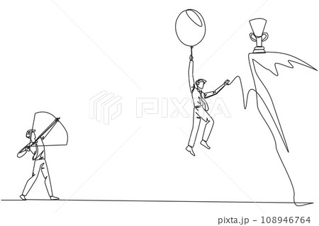 Single continuous line drawing businessman wants to achieve prizes at the peak of the career. Getting resistance from all directions. Painful failure. Traitor. One line design vector illustration Single continuous line drawing businessman wants to achieve prizes at the peak of the career. Getting resistance from all directions. Painful failure. Traitor. One line design vector illustration 108946764