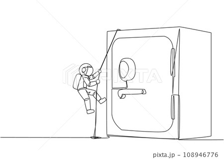 Single one line drawing young astronaut climbing safe deposit box with the rope. Helps secure important company data. Stored in a safe and trusted place. Continuous line design graphic illustration 108946776