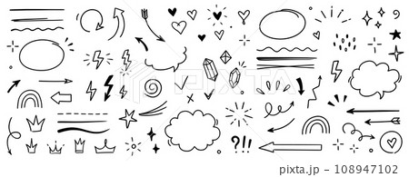 Sketch line arrow element, star, heart shape. Hand drawn doodle sketch style circle, cloud speech bubble grunge element set. Arrow, star, heart brush decoration. Vector Sketch line arrow element, star, heart shape. Hand drawn doodle sketch style circle, cloud speech bubble grunge element set. Arrow, star, heart brush decoration. Vector 108947102