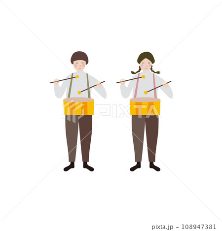 正面で小太鼓を叩く男の子と女の子の全身イラスト 108947381