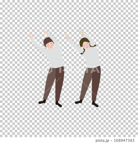 一個男孩和一個女孩從前面做體操的全身插圖 108947383