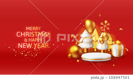 3D Cylinder Pedestal Podium and Christmas Tree. 108947501