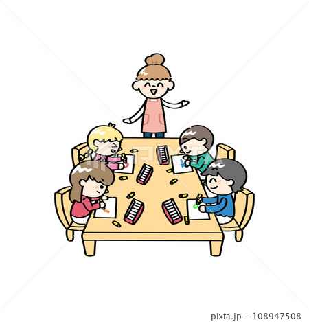 お絵描きをする子供たちと保育士 108947508
