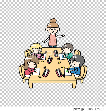 お絵描きをする子供たちと保育士 108947508