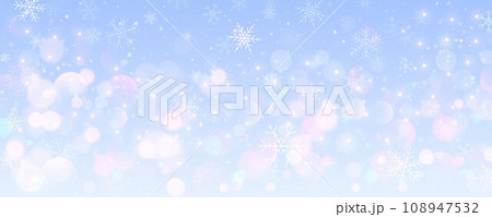 Christmas snowy background. Cold blue winter sky. Vector ice blizzard on gradient texture with bokeh and flakes. Festive new year theme for season sale wallpaper. 108947532