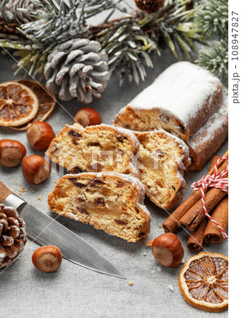 Christmas stollen with winter holidays decoration. Christmas stollen with winter holidays decoration. 108947827