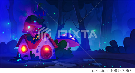 Fairy forest land with magic tiny house at night. 108947967