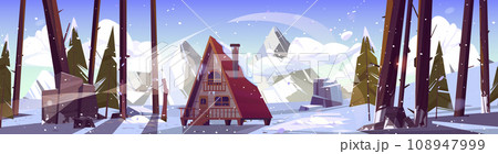 Cartoon winter snowy landscape with wooden cabin Cartoon winter snowy landscape with wooden cabin 108947999