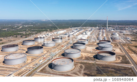 Portugal Sines oil terminal storage tanks, aerial view, oil and gas storage tanks, oil refinery chemical products. 108948064