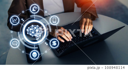 オフィスで働く女性とAI・人工知能イメージ 108948114