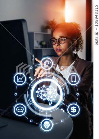 オフィスで働く女性とAI・人工知能イメージ 108948115