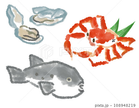 冬の味覚、海の幸の水彩風手描きイラスト 冬の味覚、海の幸の水彩風手描きイラスト 108948219