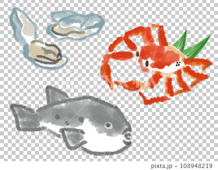 冬の味覚、海の幸の水彩風手描きイラスト 冬の味覚、海の幸の水彩風手描きイラスト 108948219