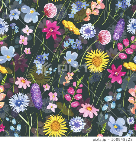 Floral seamless pattern with small meadow flowers on a dark background. watercolor Floral seamless pattern with small meadow flowers on a dark background. watercolor 108948228