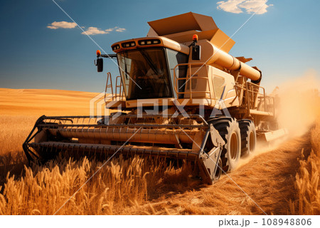 Harvester harvests in a wheat field. Combine harvester working in a wheat field 108948806