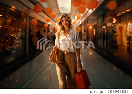 Young happy European woman walks through a shopping mall while shopping 108948833