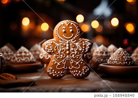Gingerbread man and gingerbread cookie on christmas bokeh background 108948840