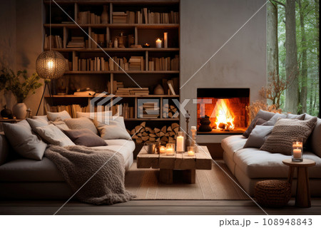 Winter cozy decor of the living room with a sofa and a burning fireplace Winter cozy decor of the living room with a sofa and a burning fireplace 108948843