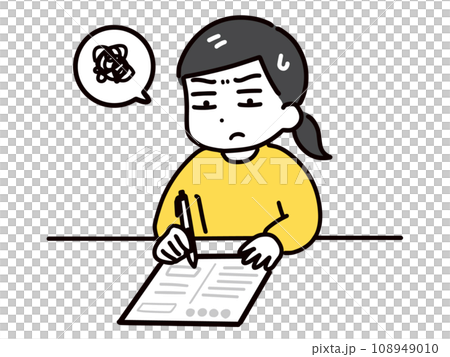 面倒くさそうに書類にサインする私服の女性 108949010